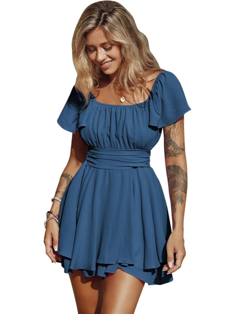 Women's Blue Ruffle Short Sleeve Tie Back Square Neck Polyester Romper